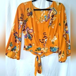 Patrons of Peace Mustard Yellow Floral Tie-Front Blouse